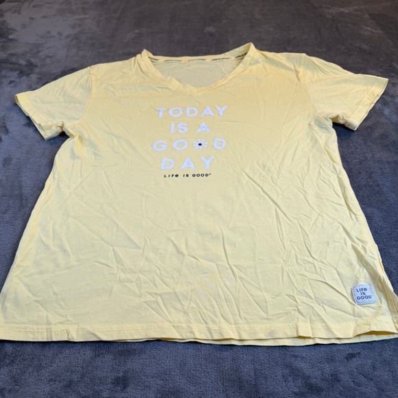 Life is Good Yellow V Neck T Shirt Today is a Good Day Graphic Womens Medium - Picture 1 of 9